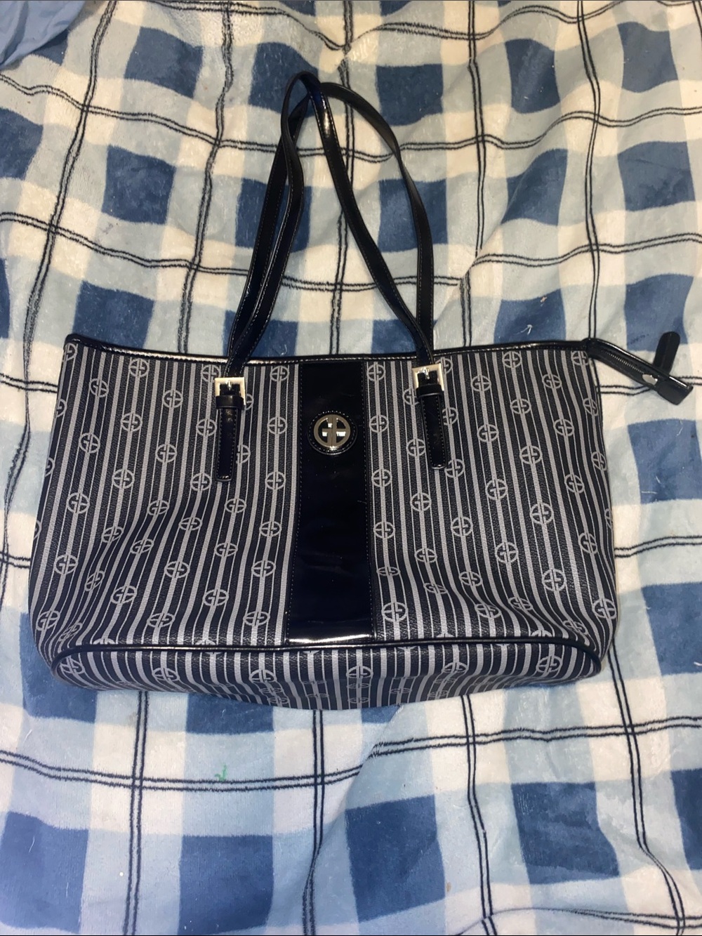Giani Bernini Black and Gray Striped Logo Tote with Patent Trim